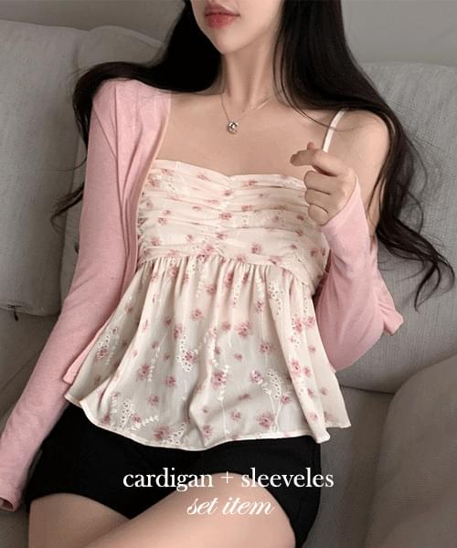 Product image for best hipping cardigan + flower frill sleeveless blouse set (Delayed delivery)