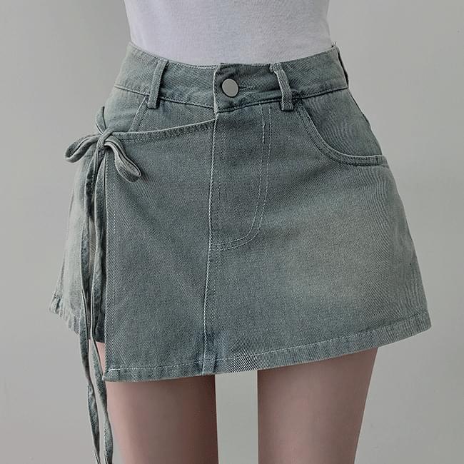 Product image for Carmine Ribbon Wrap Faded Denim Mini Skirt Pants (Delayed delivery)