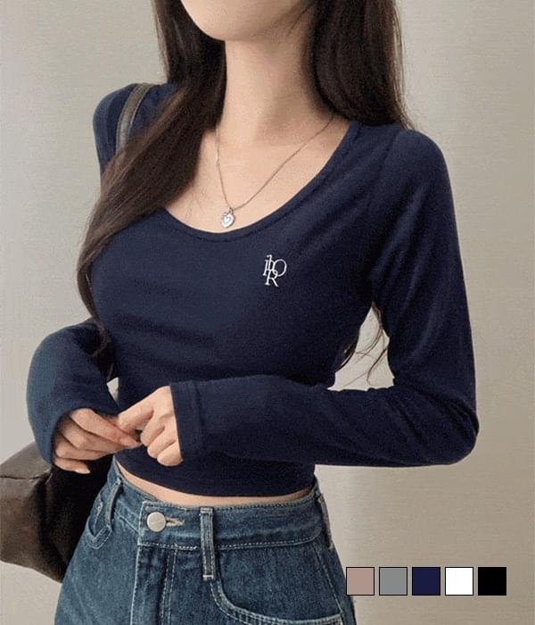 Product image for One Days Embroidery Deep Round Neck Crop Long Sleeve T-Shirt